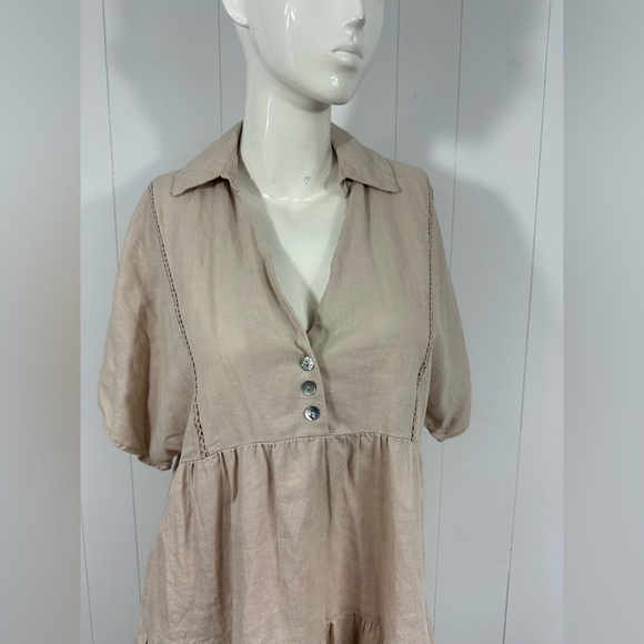 ZARA Women M Beige V neck Half Button Short Sleeve Boho Linen Blend Mini Dress - Picture 2 of 11
